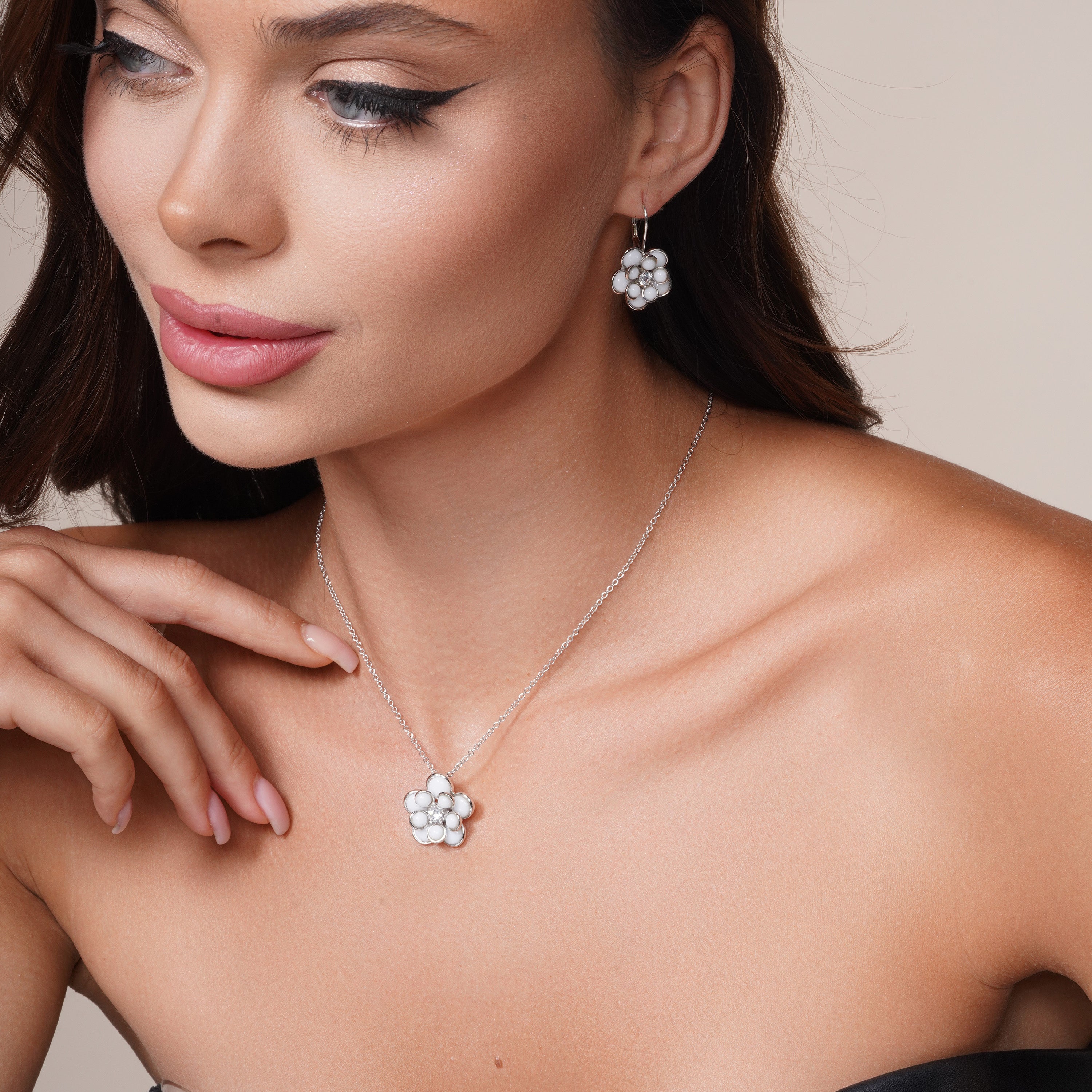 Silver 925 White Enamel Clear CZ Center Flower French Clip Earring and Necklace Set - BGS00118