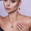 Silver 925 Rhodium and Gold Plated Clear Hammered Teardrop CZ Leverback Earring and Necklace Set - BGS00127