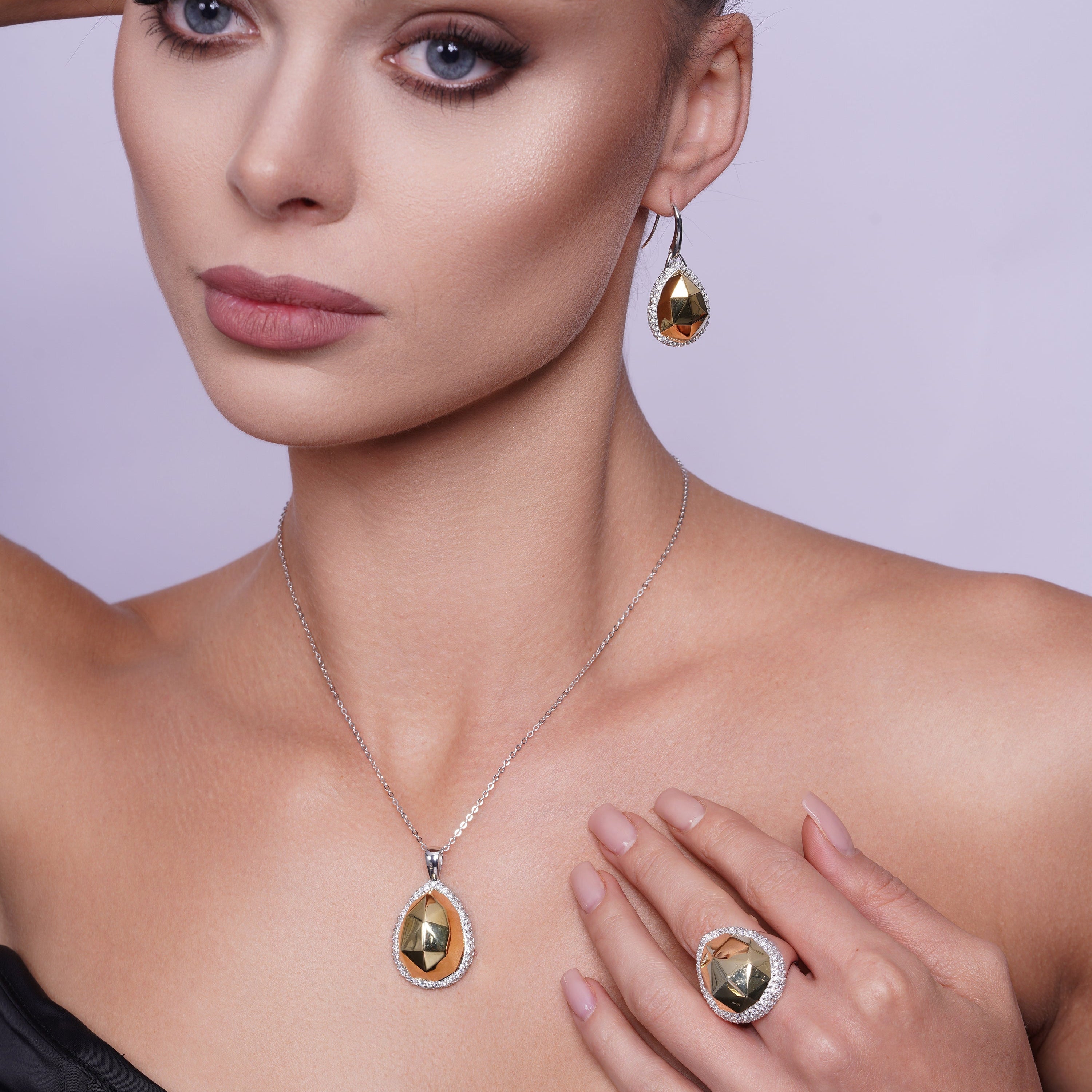 Silver 925 Rhodium and Gold Plated Clear Hammered Teardrop CZ Leverback Earring and Necklace Set - BGS00127
