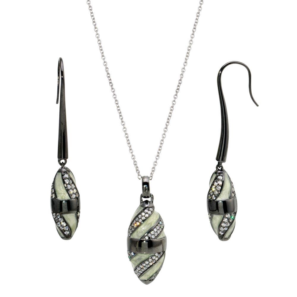 Silver 925 Black Rhodium High Polish White Stone Clear Pave Set Oval Plated CZ Black Rope Earring and Necklace Set - BGS00132