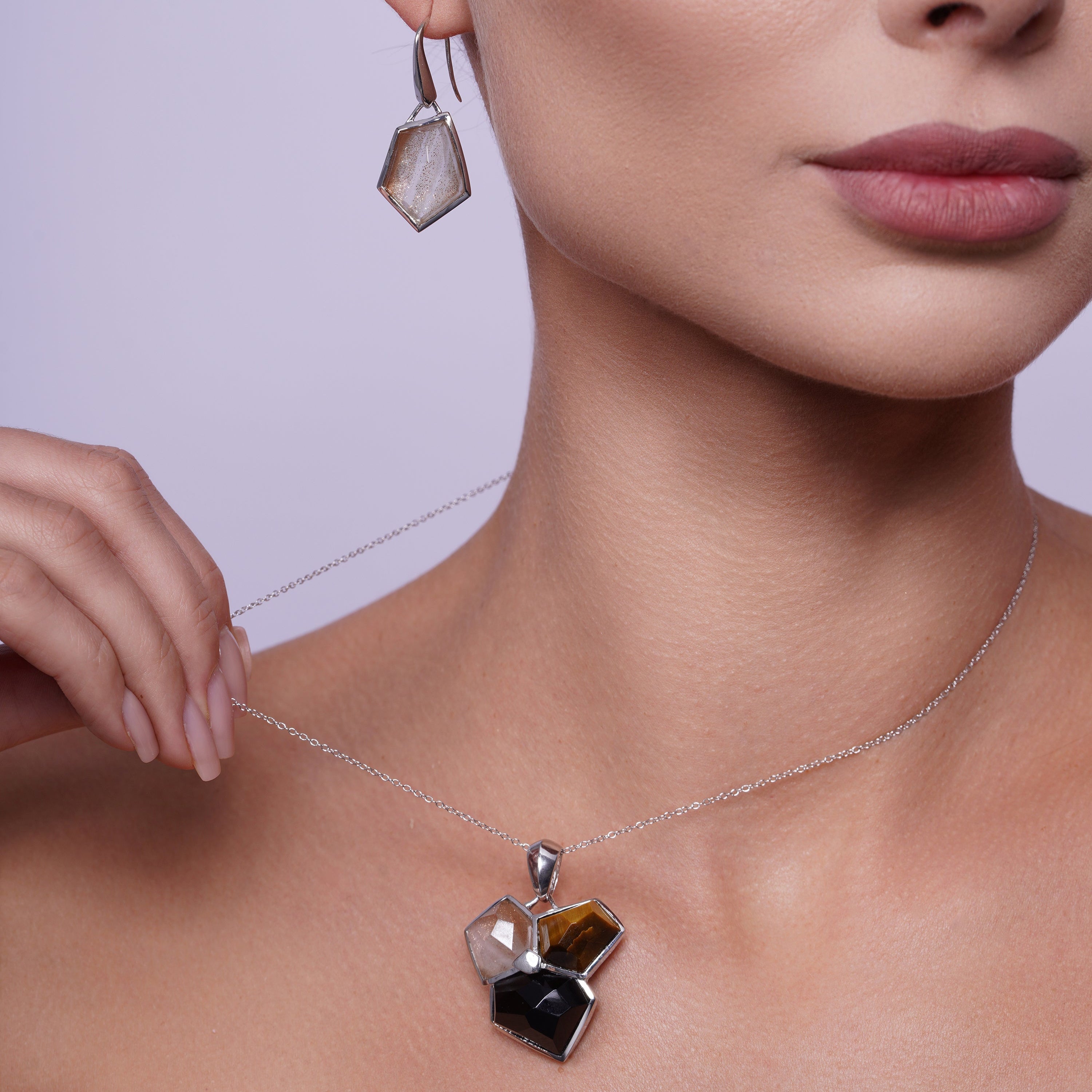 Silver 925 Rhodium Plated Multi Colored Stone Leverback Earring and Necklace Set - BGS00134
