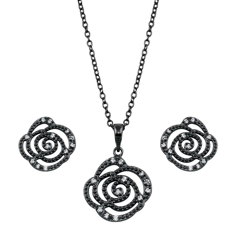 Black Rhodium Plated 925 Sterling Silver Open Flower Rose Clear CZ Set - BGS00146