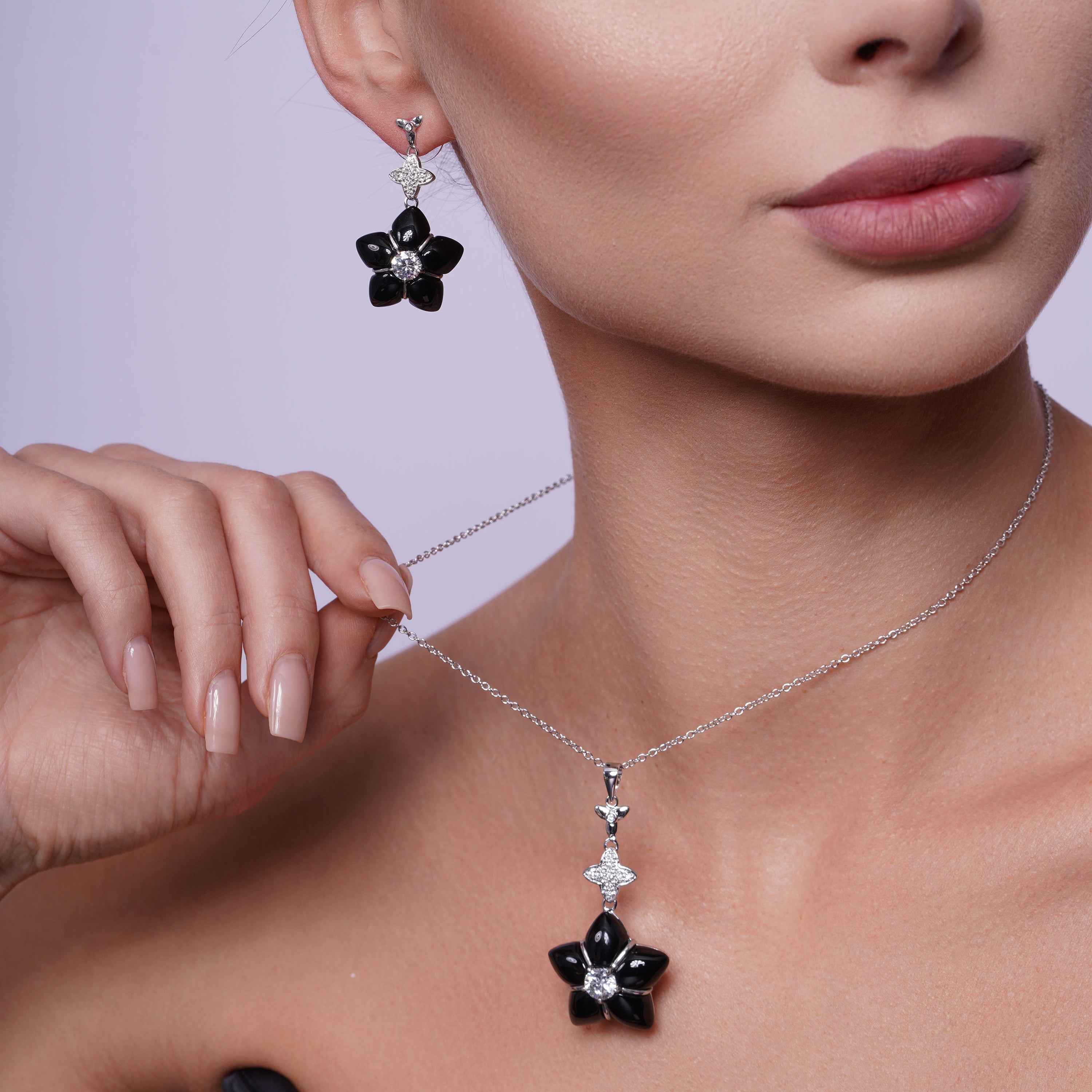 Silver 925 Rhodium Plated Black Onyx Clear CZ Dangling Stud Earring and Dangling Necklace Set - BGS00149