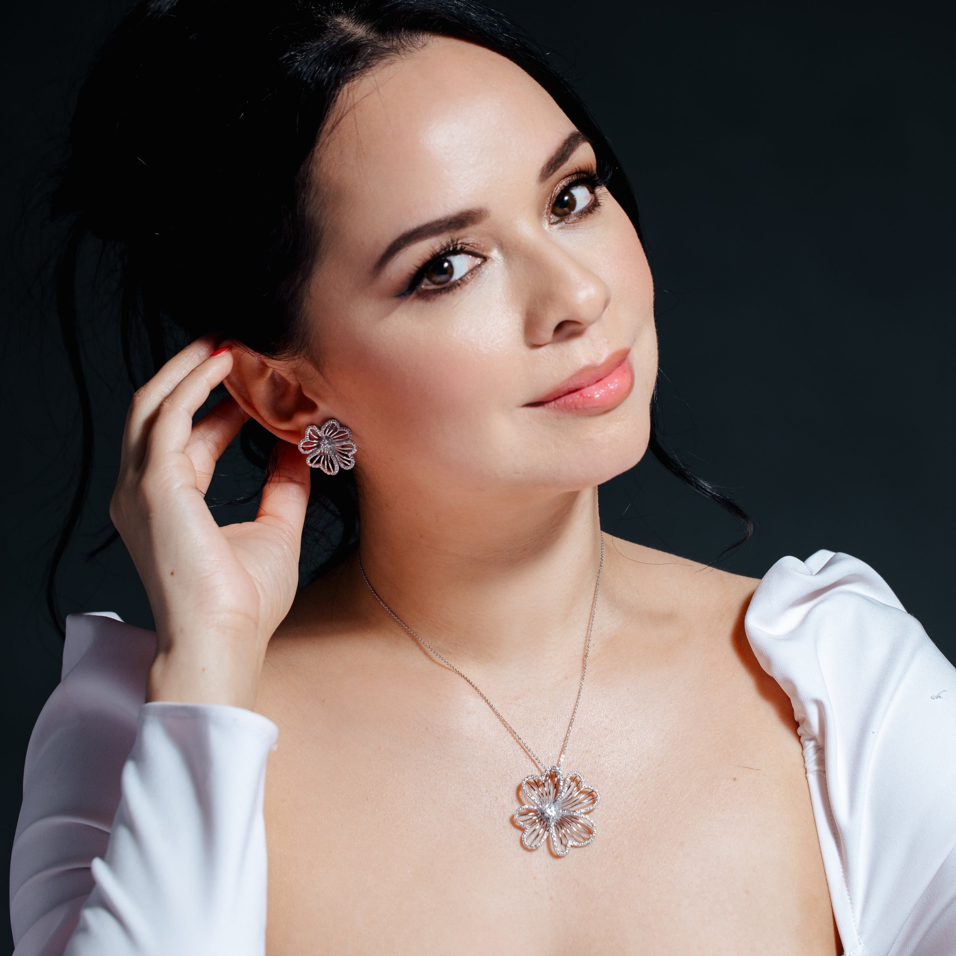 Silver 925 Rhodium Plated Flower Clear CZ Stud Earring and Necklace Set - BGS00153