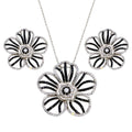 Silver 925 Rhodium and Black Rhodium Plated Clear and Black Flower CZ Stud Earring and Necklace Set - BGS00154