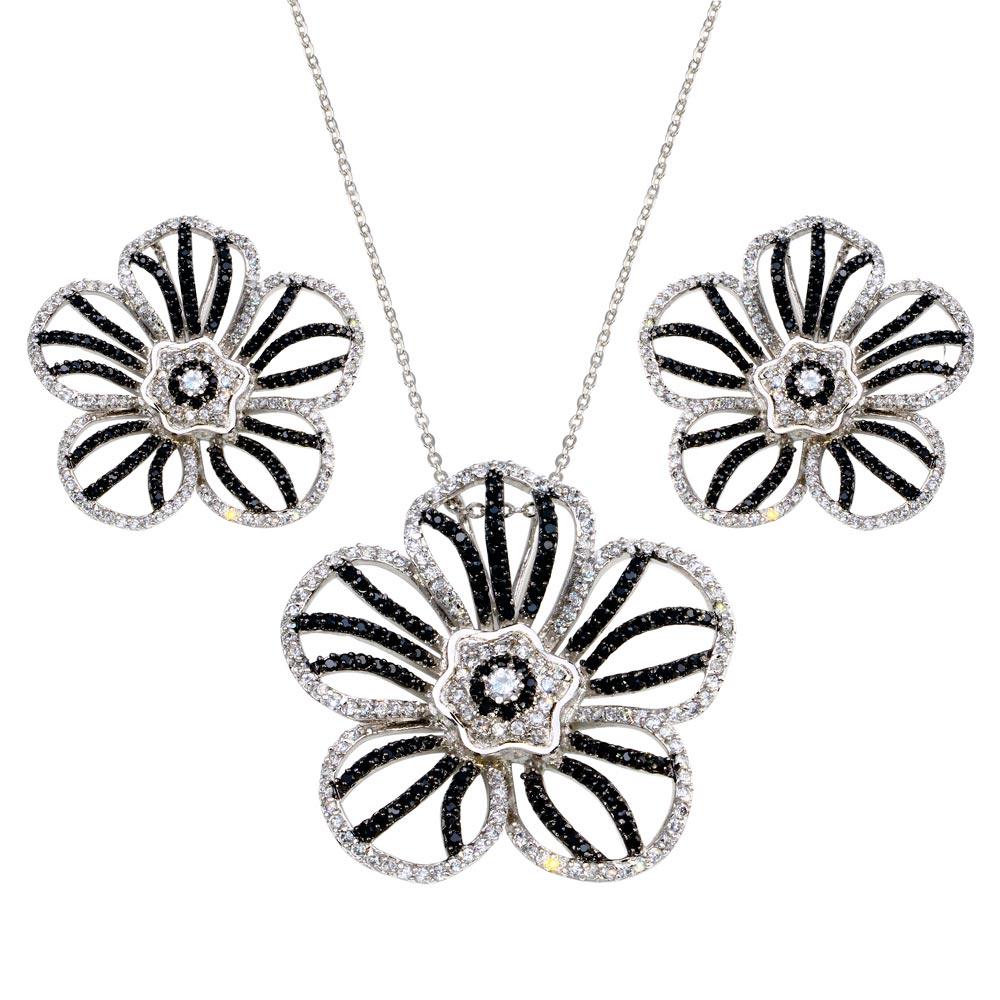 Silver 925 Rhodium and Black Rhodium Plated Clear and Black Flower CZ Stud Earring and Necklace Set - BGS00154