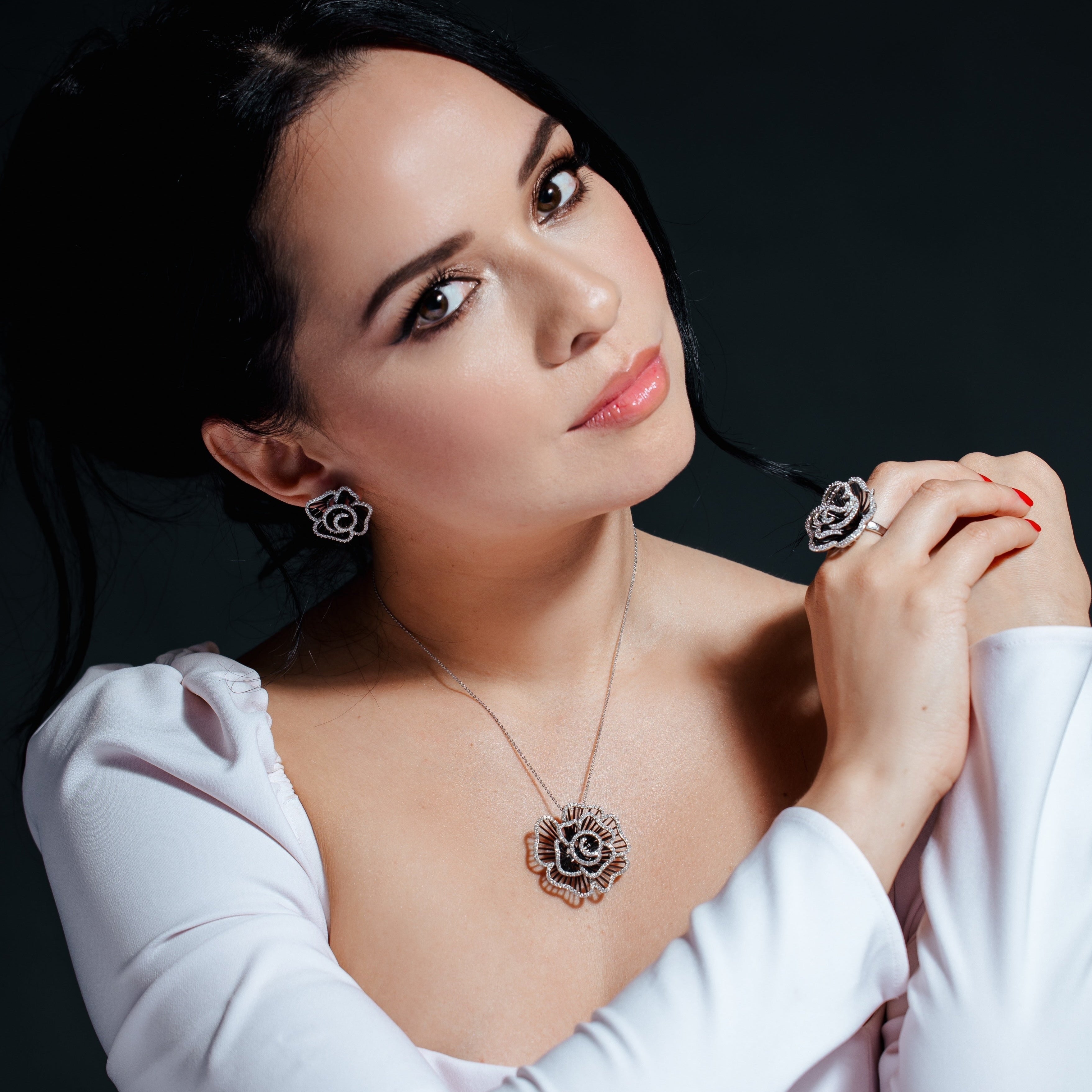 Silver 925 Rhodium and Black Rhodium Plated Clear Flower Rose CZ Stud Earring and Necklace Set - BGS00157