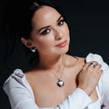 Silver 925 Rhodium Plated Black and White Onyx Triangle Clear CZ Stud Earring and Necklace Set - BGS00170