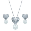 Rhodium Plated 925 Sterling Silver Pearl Clear Heart CZ Hanging Set - BGS00217