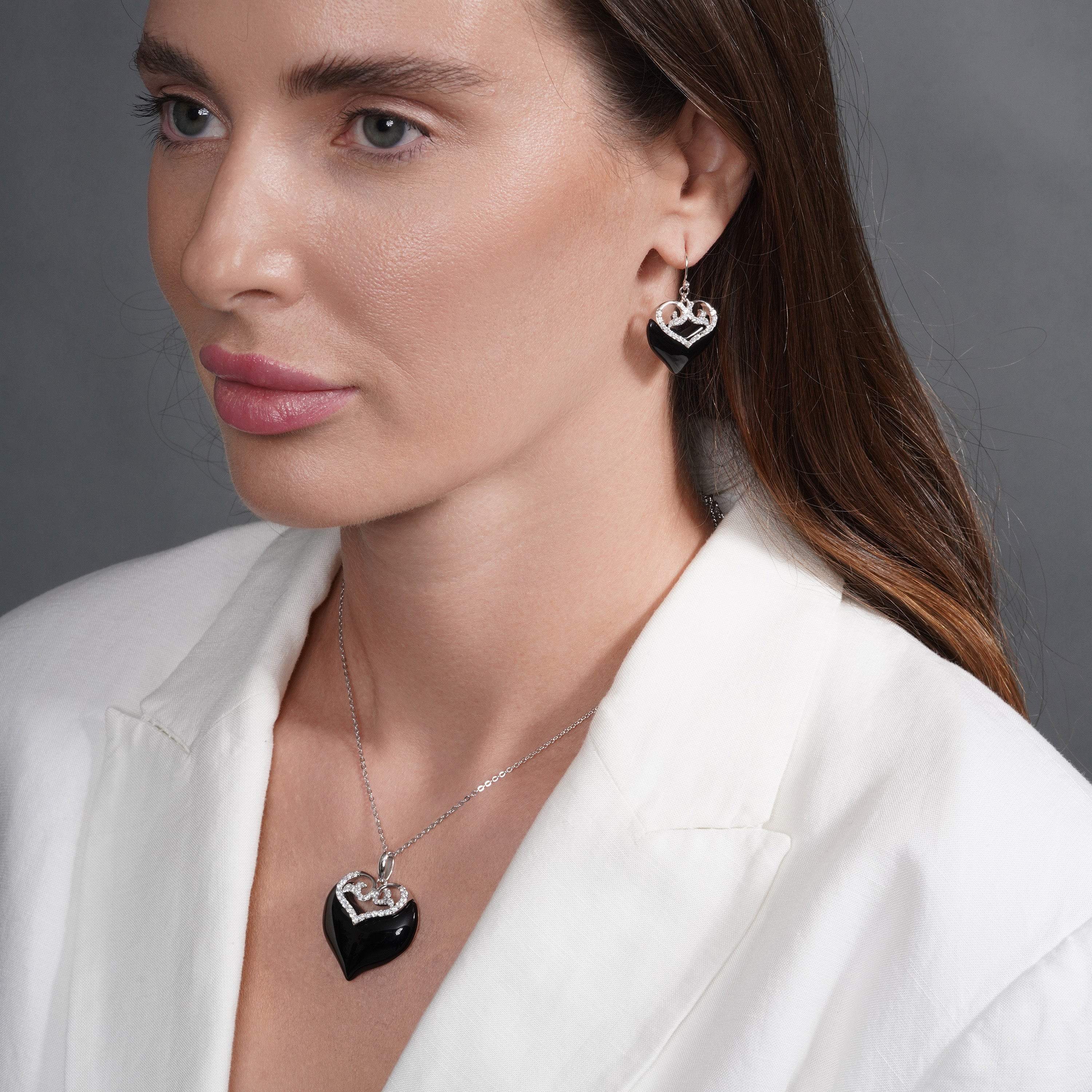 Silver 925 Rhodium Plated Black Onyx Clear Double Heart CZ Hook Earring and Necklace Set - BGS00219
