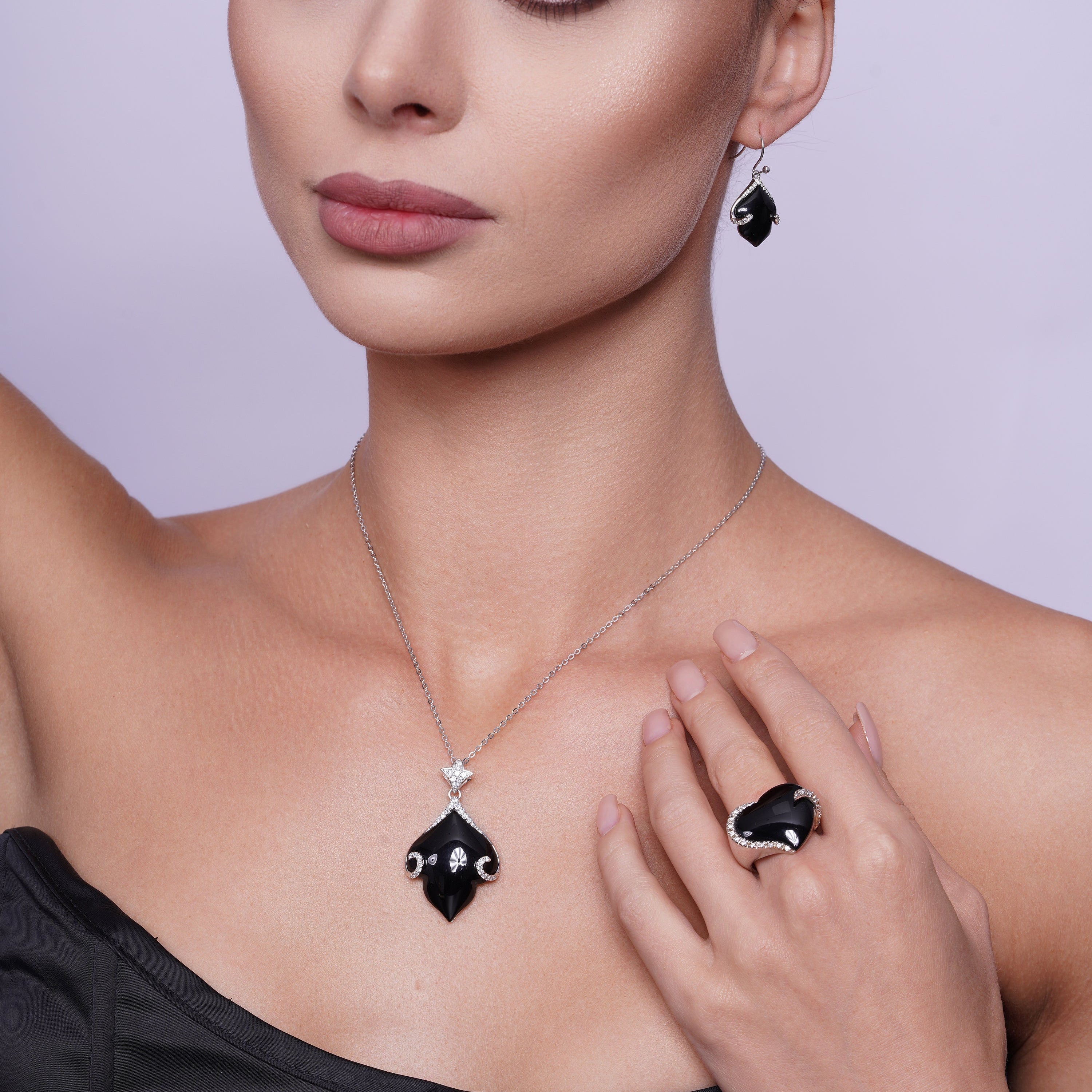 Silver 925 Rhodium Plated Black Onyx Leaf Clear CZ Hook Earring and Dangling Necklace Set - BGS00220