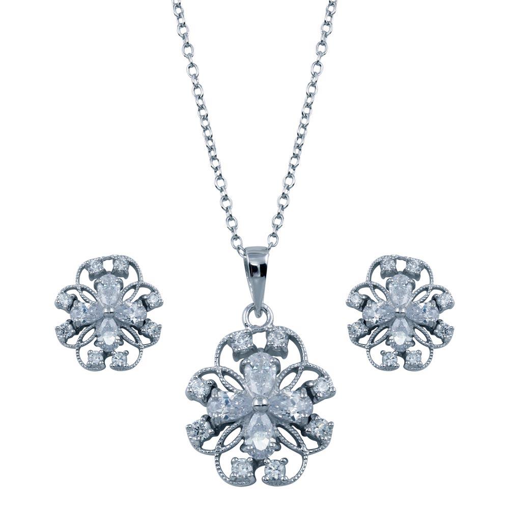 Rhodium Plated 925 Sterling Silver Flower Outline Clear CZ Set - BGS00224