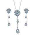 Rhodium Plated 925 Sterling Silver Clear Teardrop Flower CZ Dangling Set - BGS00231
