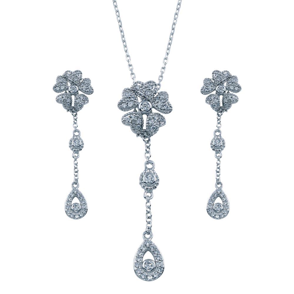Rhodium Plated 925 Sterling Silver Clear Teardrop Flower CZ Dangling Set - BGS00231