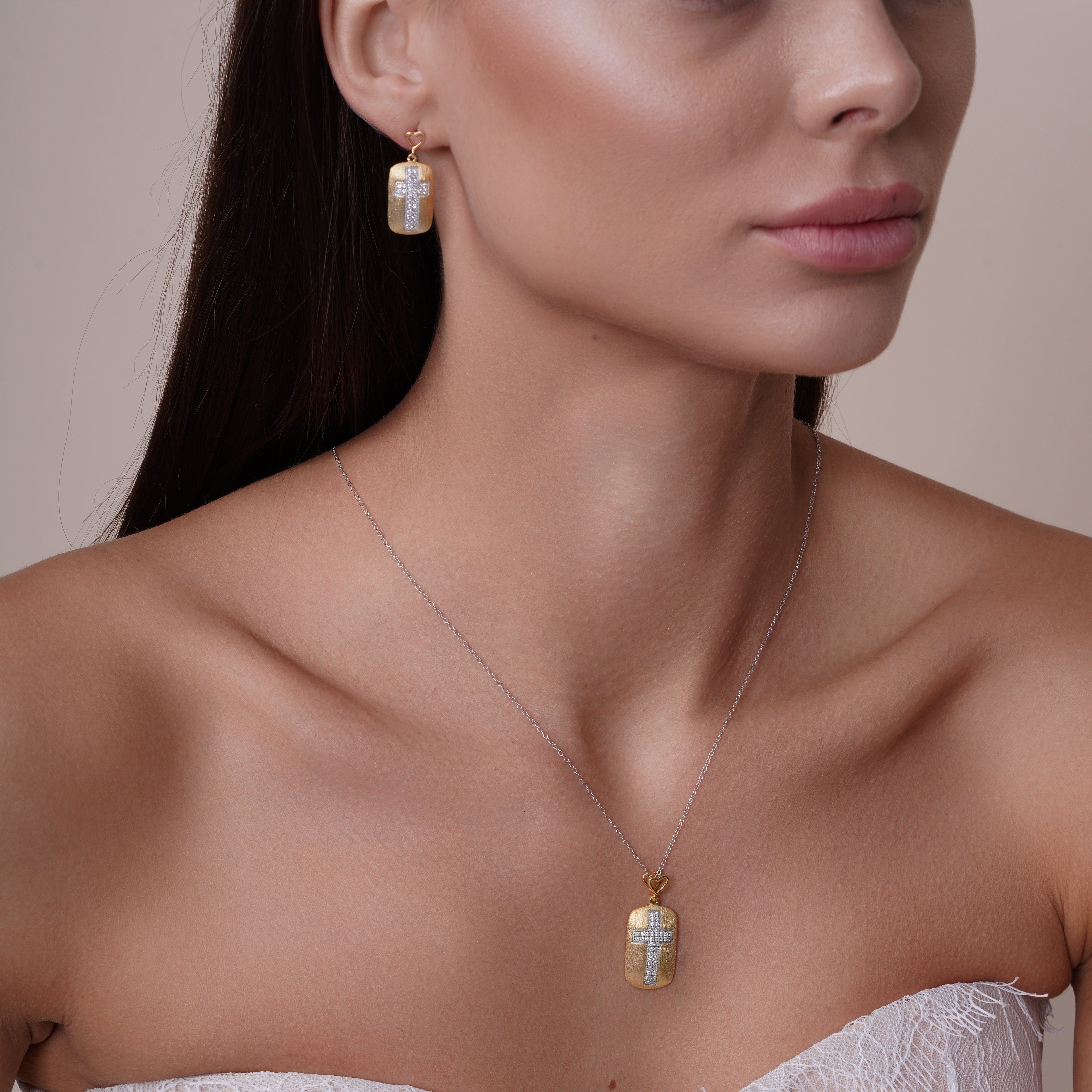 Silver 925 Rhodium and Gold Plated Clear CZ Cross Center Open Heart Dangling Stud Earring and Necklace Set - BGS00382