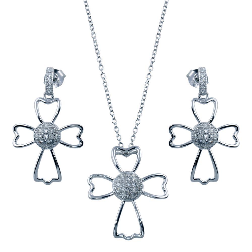 Rhodium Plated 925 Sterling Silver Micro Pave Clear Cross Outline CZ Dangling Set - BGS00384