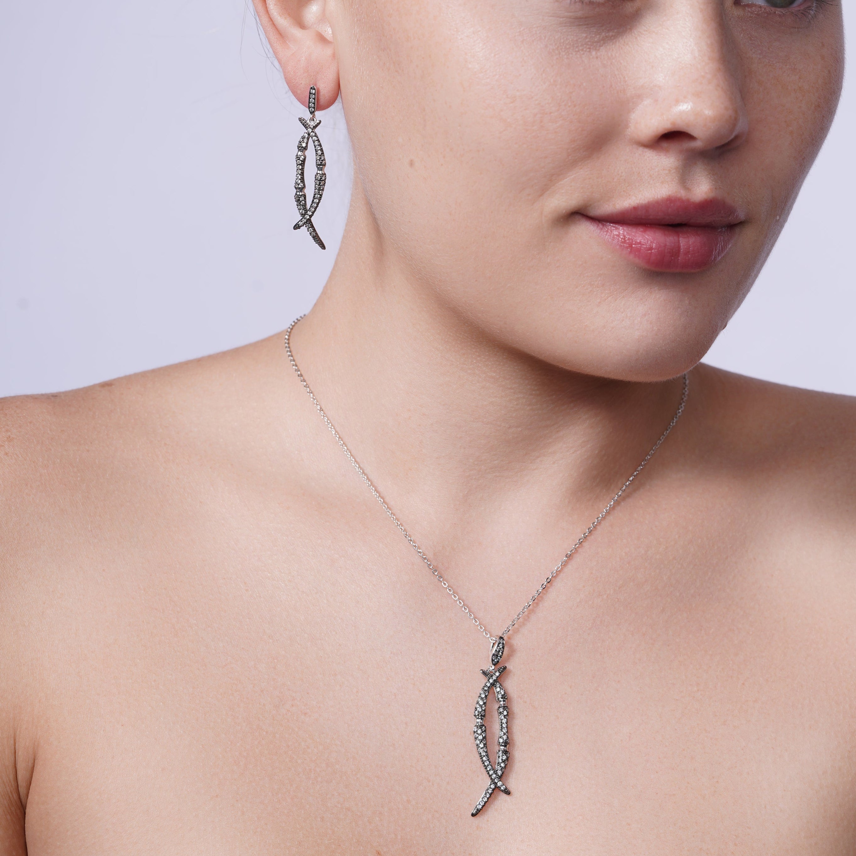 Silver 925 Black Rhodium Plated Clear Overlap Marquise CZ Dangling Set - BGS00412