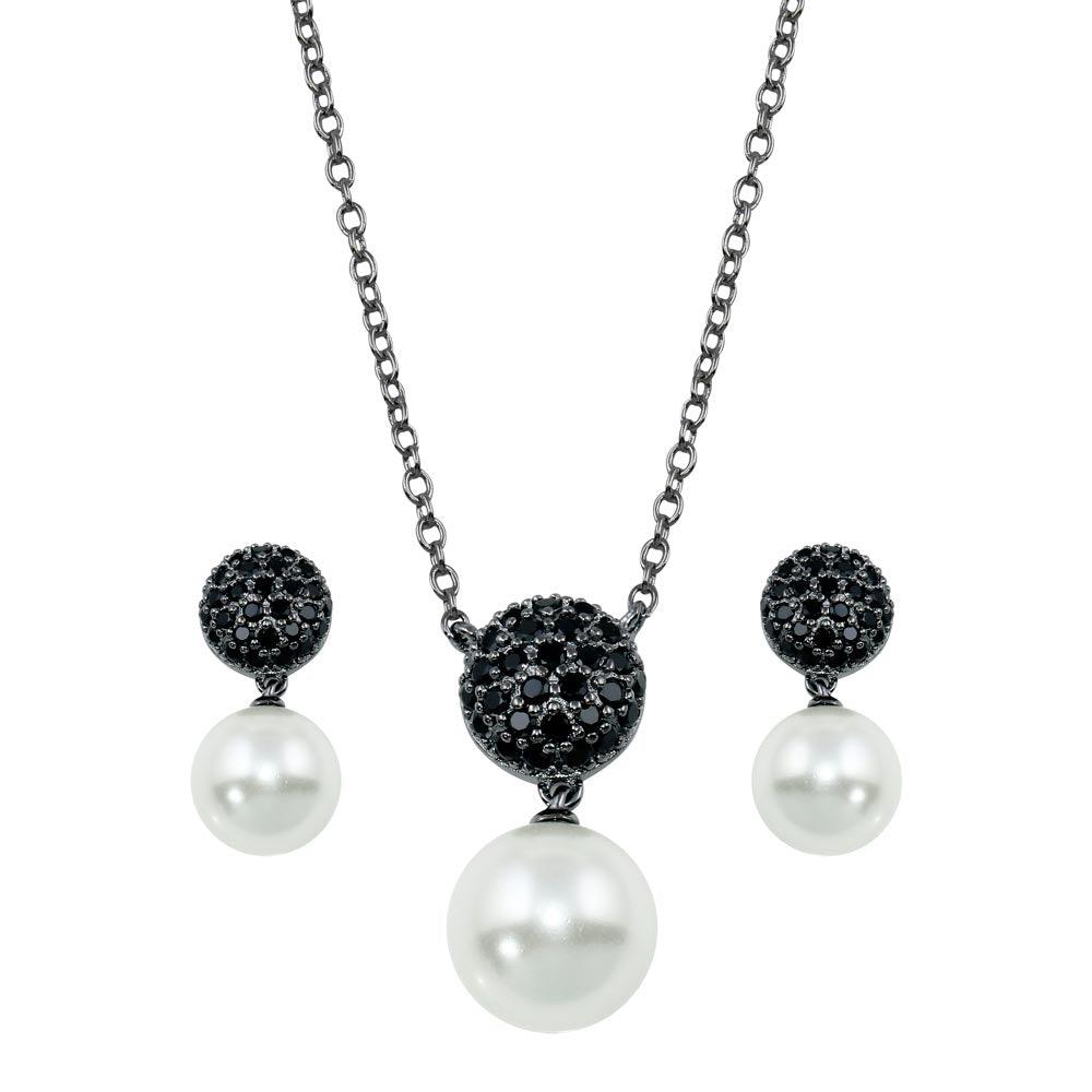 Oxidized 925 Sterling Silver Rhodium Plated Black Pearl Drop CZ Dangling Set - BGS00415