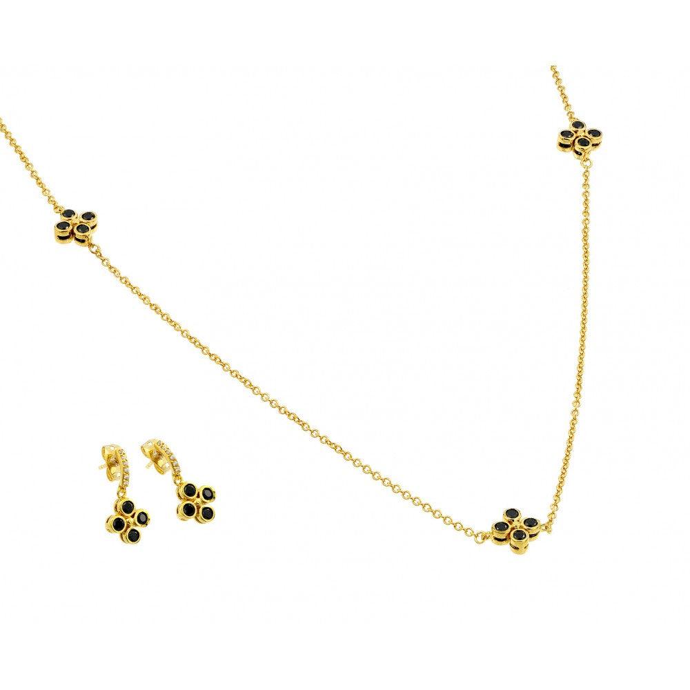 Silver 925 Gold Plated Black CZ Dangling Stud Earring Necklace Set - BGS00426