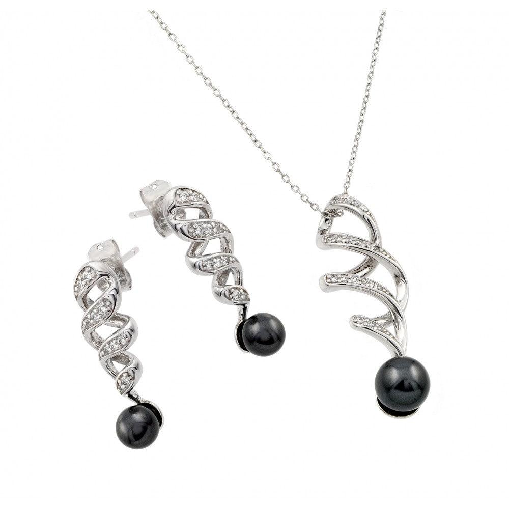 Rhodium Plated 925 Sterling Silver Gray Pearl Drop Clear Inlay Twist CZ Hanging Set - BGS00431GRY