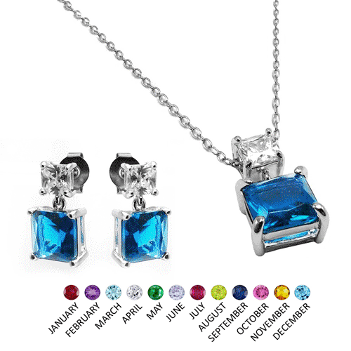 Rhodium Plated 925 Sterling Silver Square Birthstone CZ Hanging Set - BGS00439
