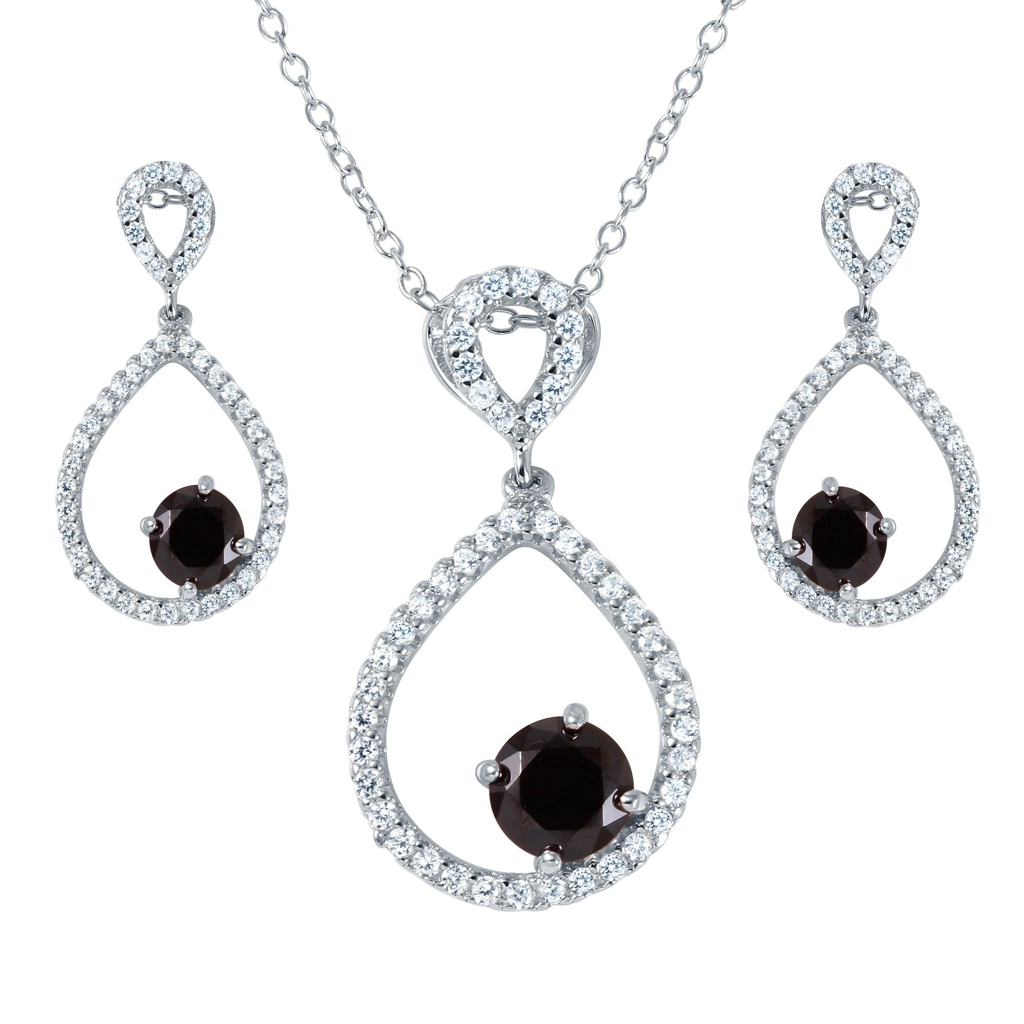 Rhodium Plated 925 Sterling Silver Black and Clear CZ Open Teardrop Set - BGS00462