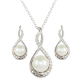 Rhodium Plated 925 Sterling Silver Teardrop Necklace and Earring Set with Synthetic Pearl and CZ - BGS00476