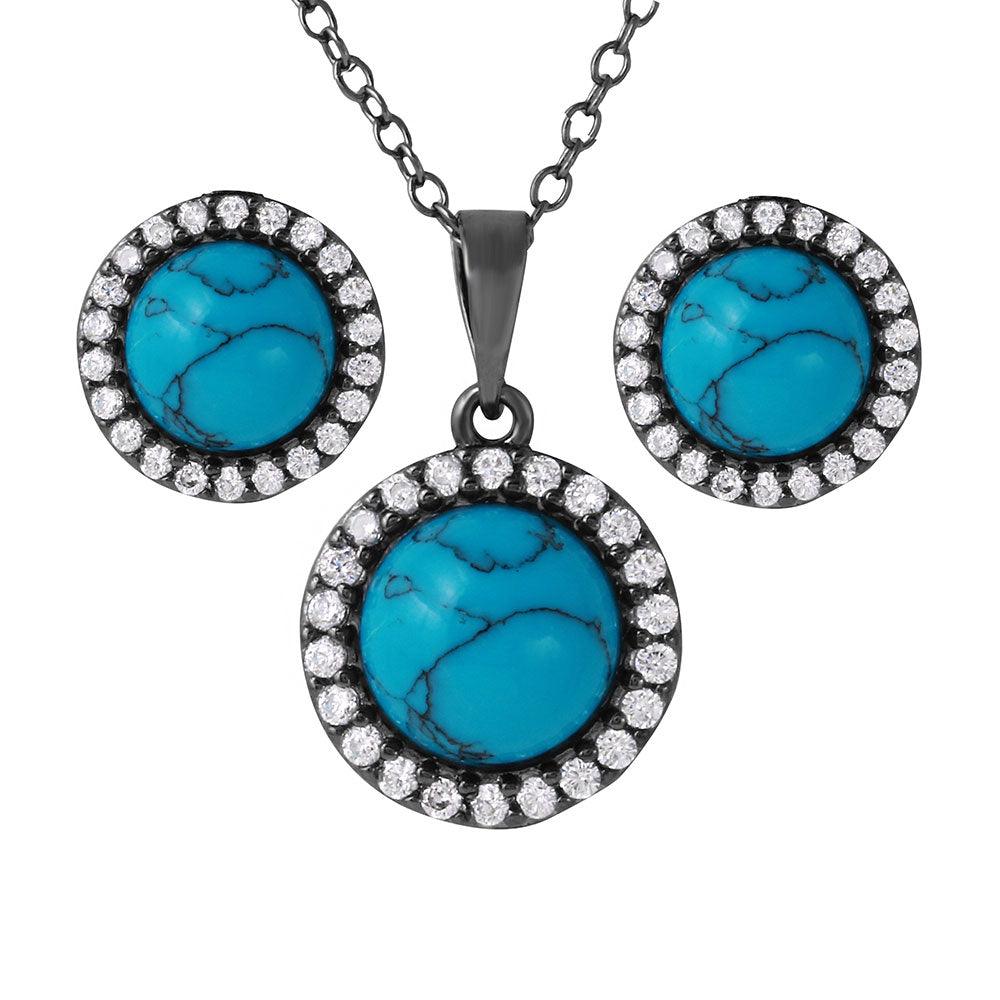 Silver 925 Black Rhodium Turquoise Center Stone Halo Set - BGS00479