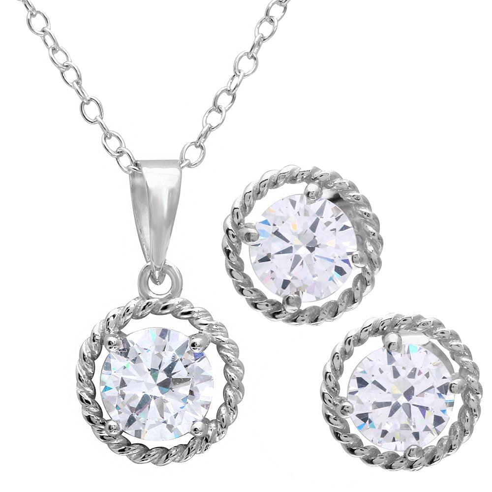 Rhodium Plated 925 Sterling Silver Rope Border CZ Center Set - BGS00487