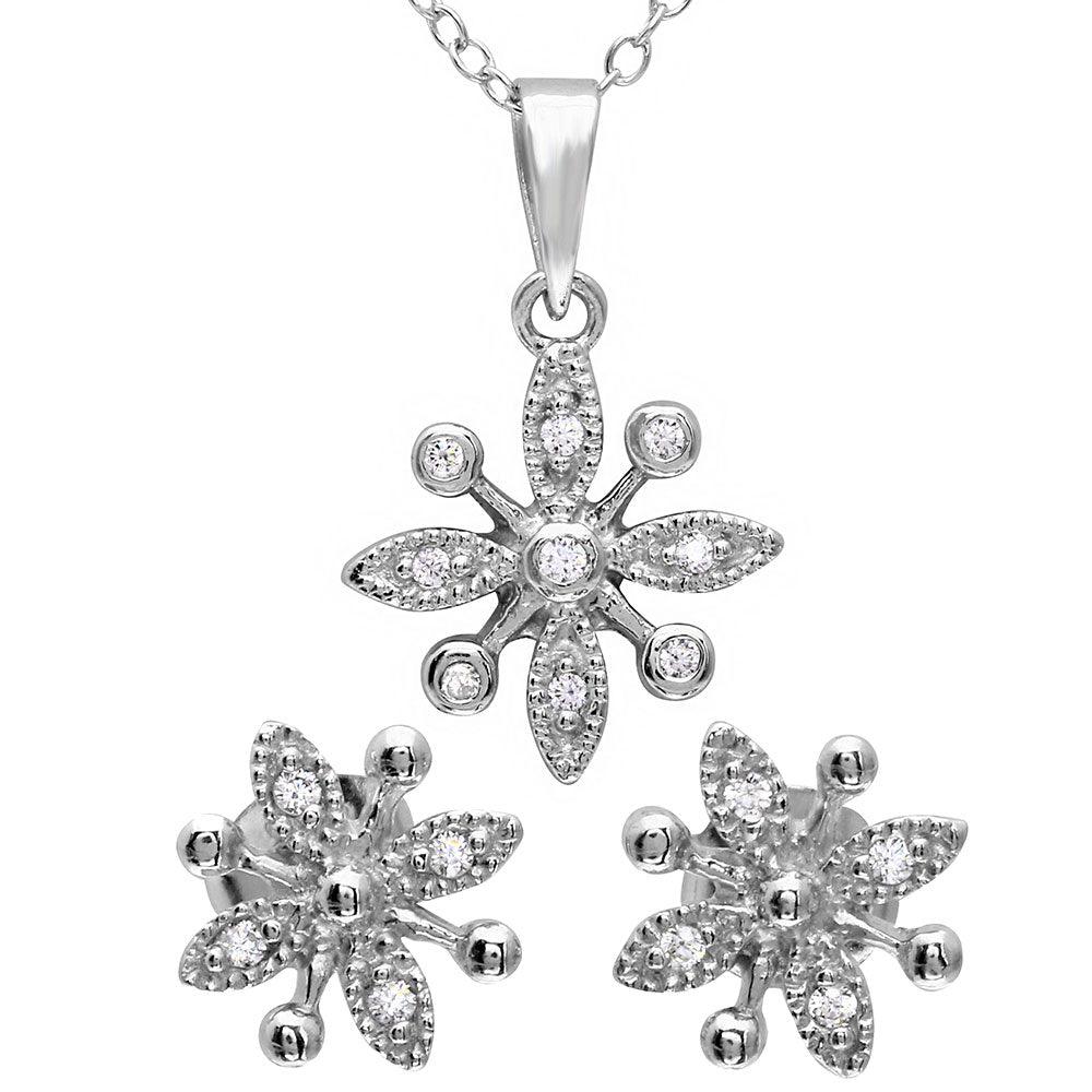 Rhodium Plated 925 Sterling Silver CZ Flower Set - BGS00488