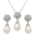 Rhodium Plated 925 Sterling Silver Clover Leaf Fresh Water Pearl Set - BGS00499