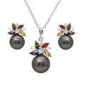 Rhodium Plated 925 Sterling Silver Multi CZ Flower Set with Synthetic Black Pearl - BGS00500