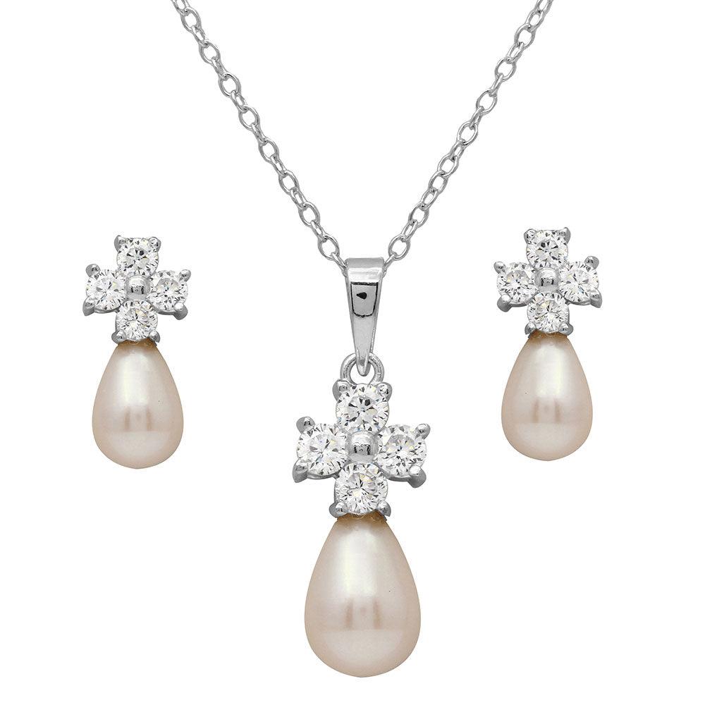Rhodium Plated 925 Sterling Silver CZ Cross Set with Fresh Water Pearl - BGS00502