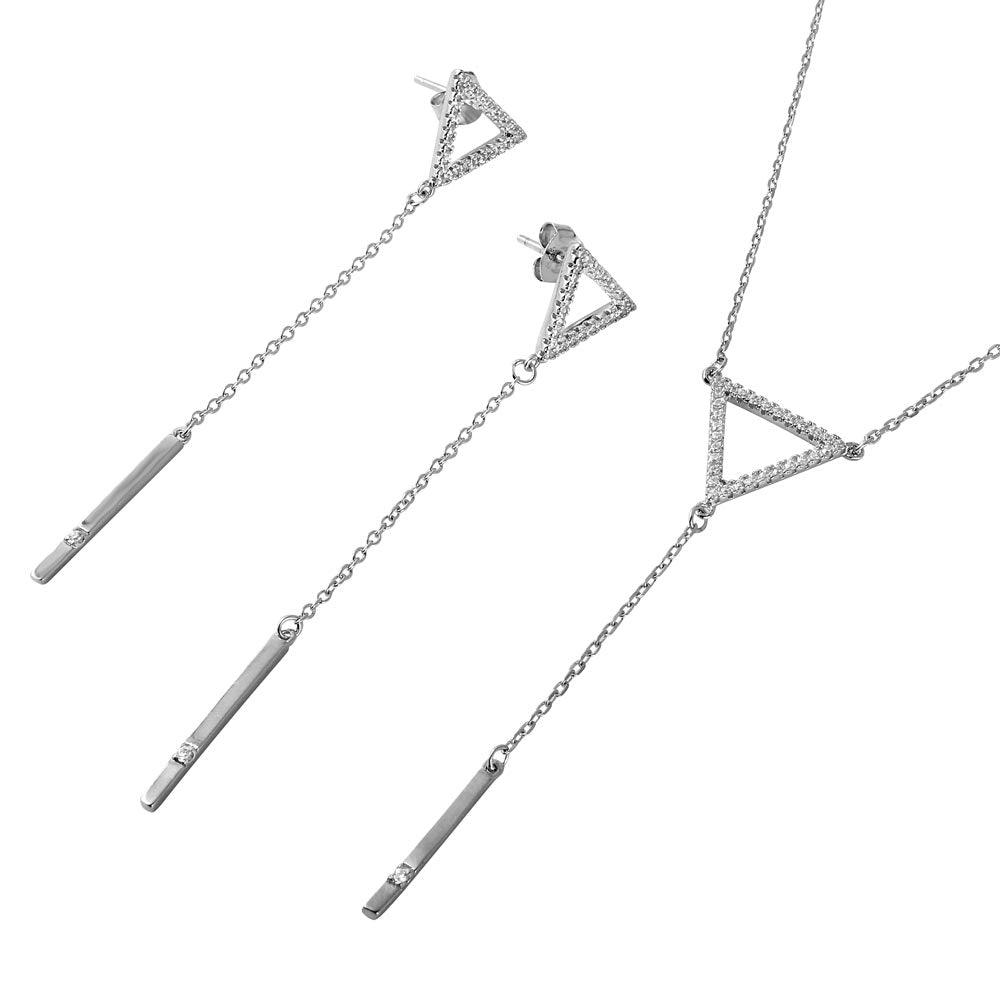 Discontinue-Rhodium Plated 925 Sterling Silver Open Triangle with Dropped Bar and CZ Matching Set - BGS00508