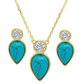 Gold Plated 925 Sterling Silver Round CZ with Hanging Pear Turquoise Set - BGS00511
