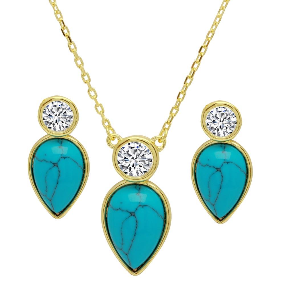 Gold Plated 925 Sterling Silver Round CZ with Hanging Pear Turquoise Set - BGS00511