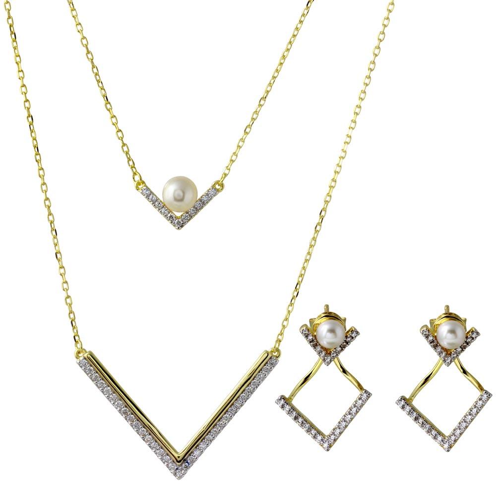 Gold Plated 925 Sterling Silver Double Strand V-Shaped Set with Fresh Water Pearl and CZ - BGS00512