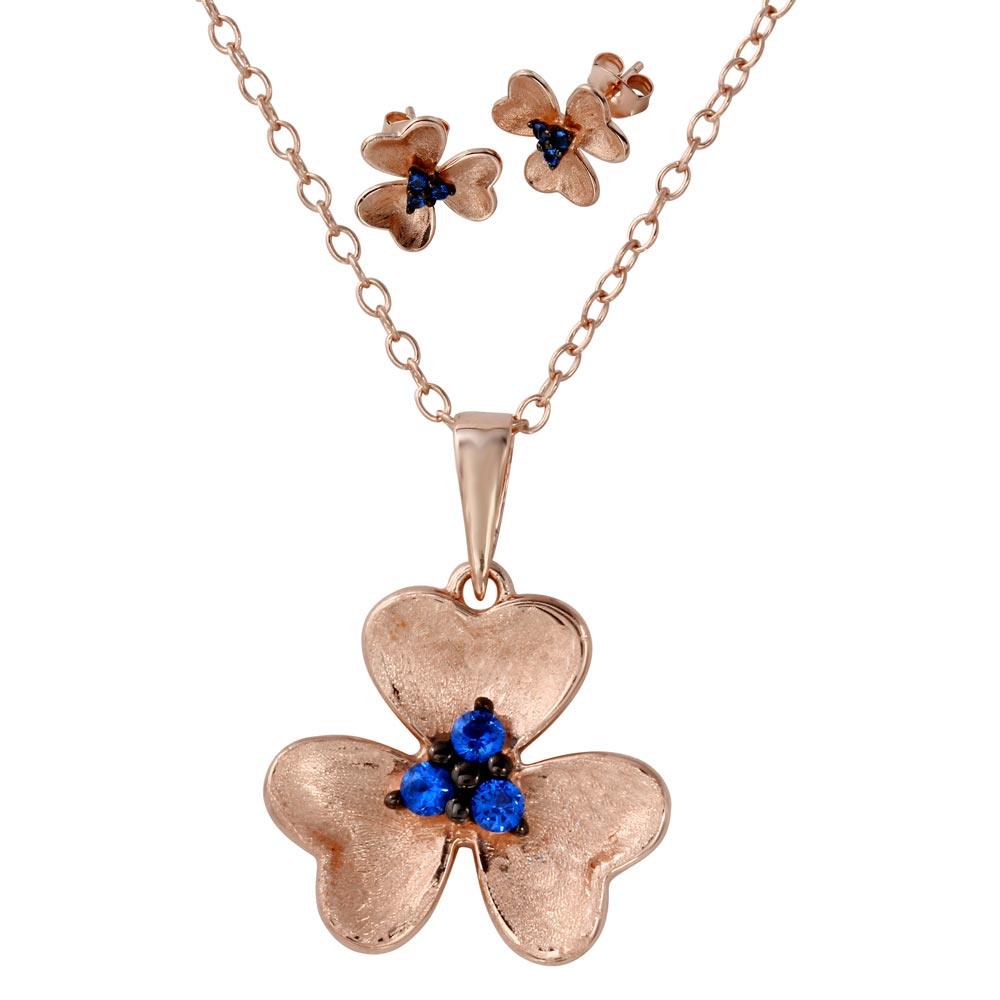 Rose Gold and Black Rhodium Plated 925 Sterling Silver Flower Set with Matte Finish and Blue CZ - BGS00514