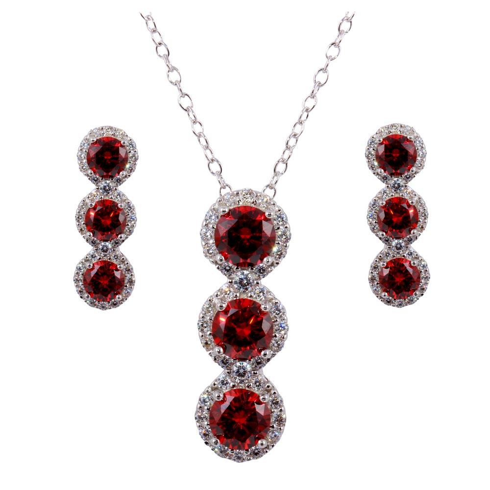 Rhodium Plated 925 Sterling Silver 3 Red Stone CZ Stud Earring and Necklace Set - BGS00522RED