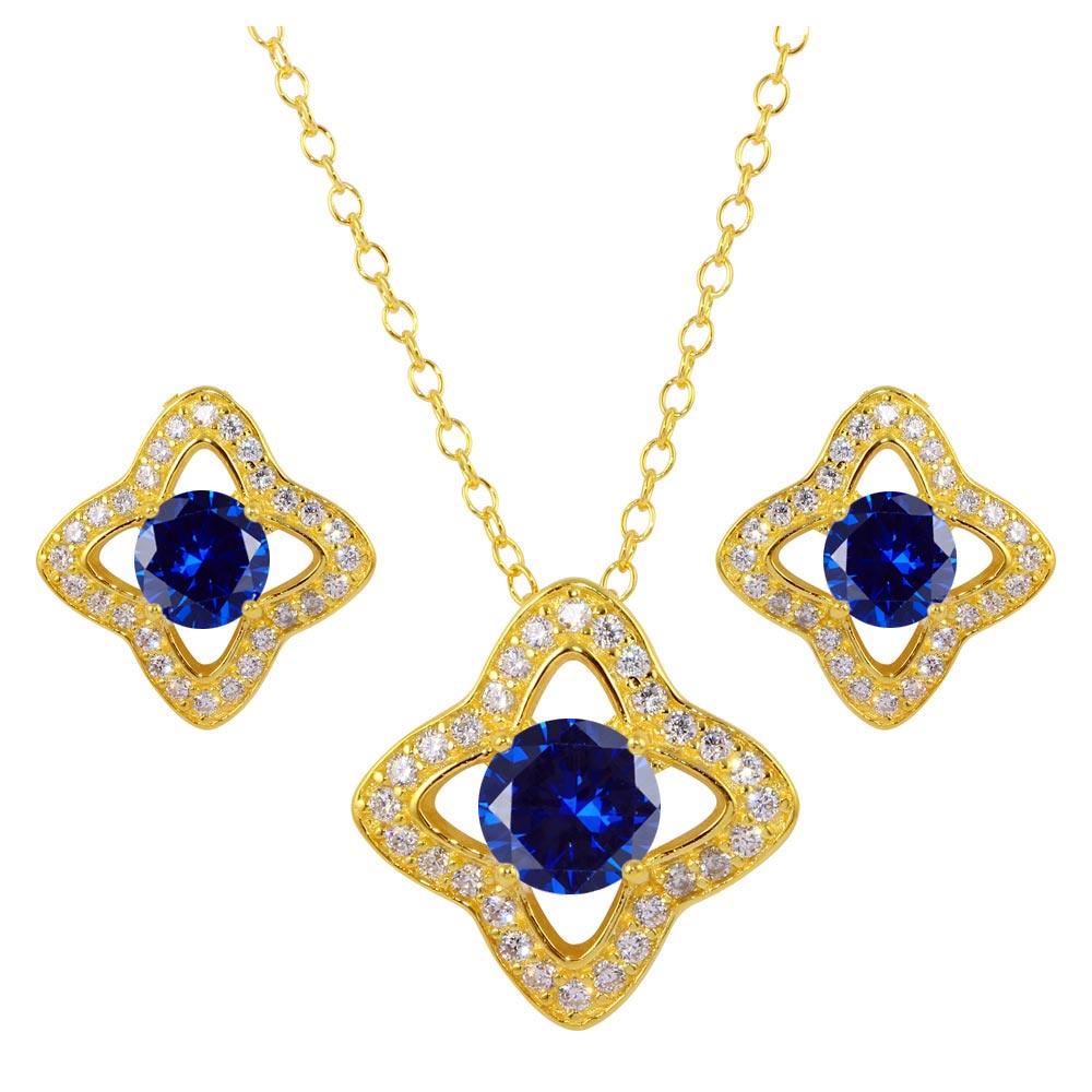 Gold Plated 925 Sterling Silver Clover Cross with CZ and Blue Stone Earring and Necklace Set - BGS00523BLU