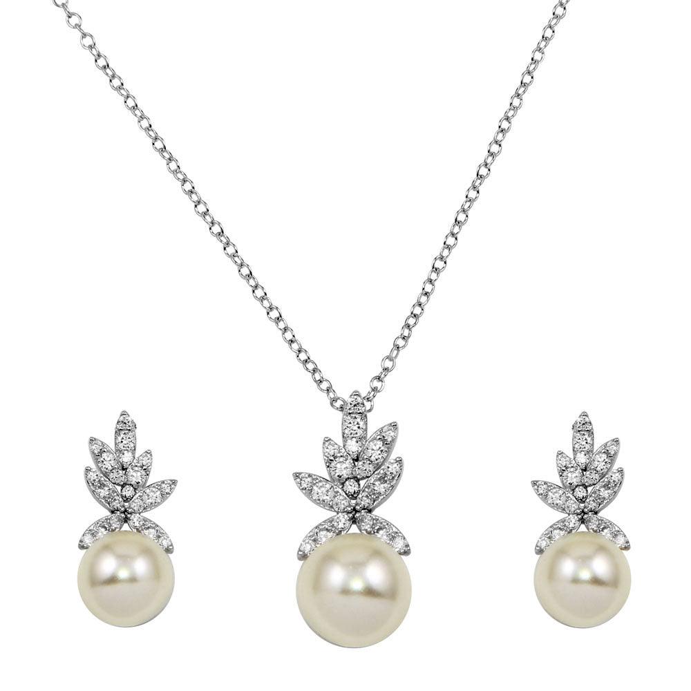 Rhodium Plated 925 Sterling Silver CZ Leaves with Synthetic Pearl Set - BGS00528