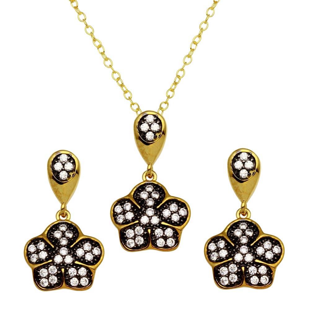 18K Gold Plated 925 Sterling Silver Flower Necklace and Earrings Set with CZ - BGS00546