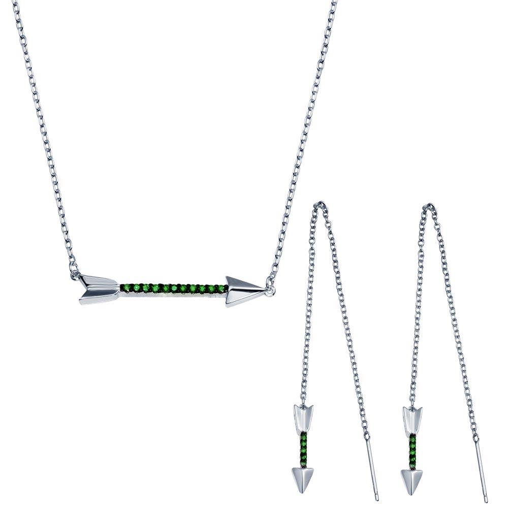 Rhodium Plated 925 Sterling Silver Green Arrow Necklace and Dangling Earrings CZ Set - BGS00558GRN