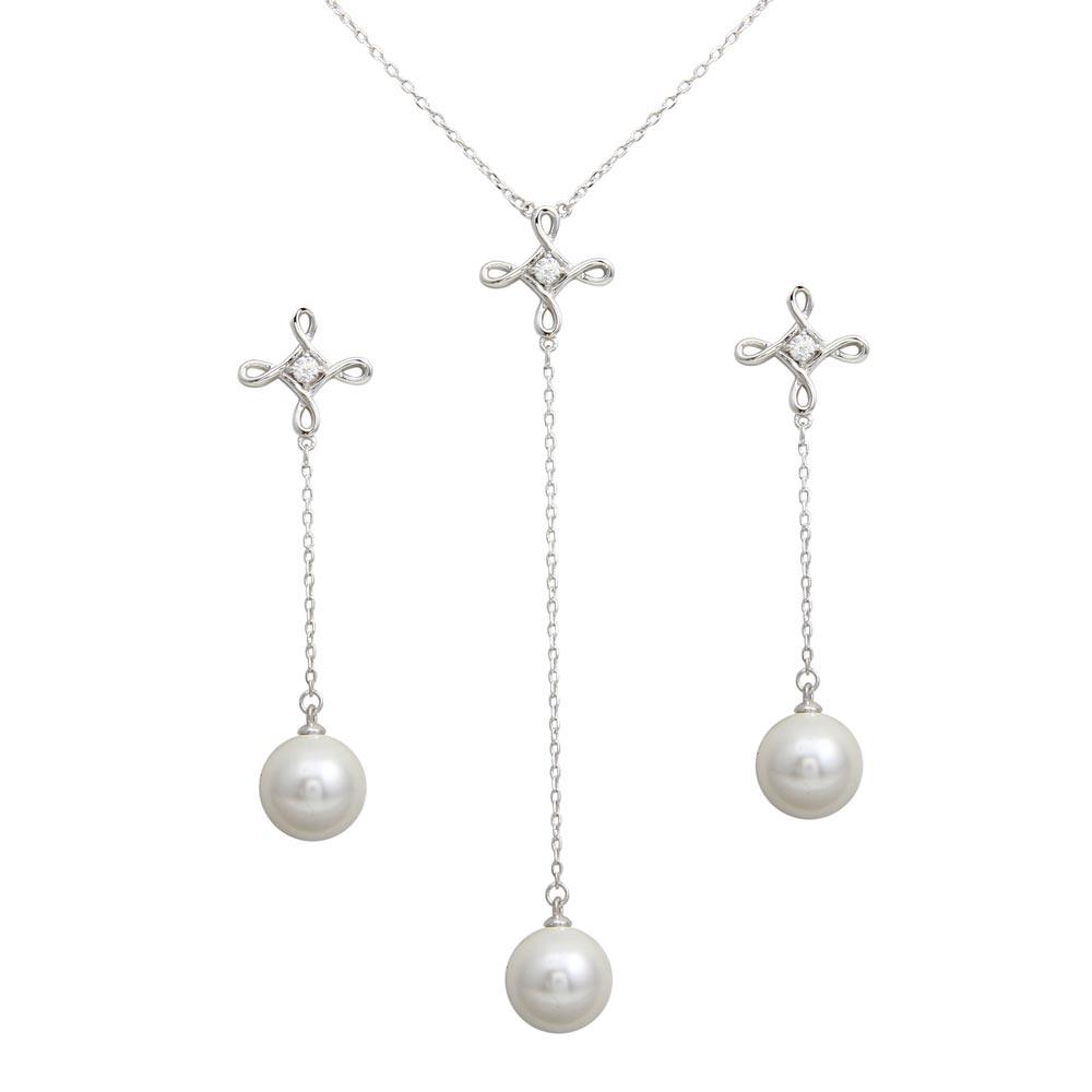 Rhodium Plated 925 Sterling Silver CZ Open Infinity Cross with Synthetic Dangling Set - BGS00561