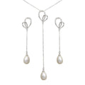 Rhodium Plated 925 Sterling Silver CZ Open Heart with Fresh Water Pearl Dangling Set - BGS00562