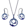 Rhodium Plated 925 Sterling Silver Double Circle Earrings and Necklace Set with Blue CZ - BGS00565BLU
