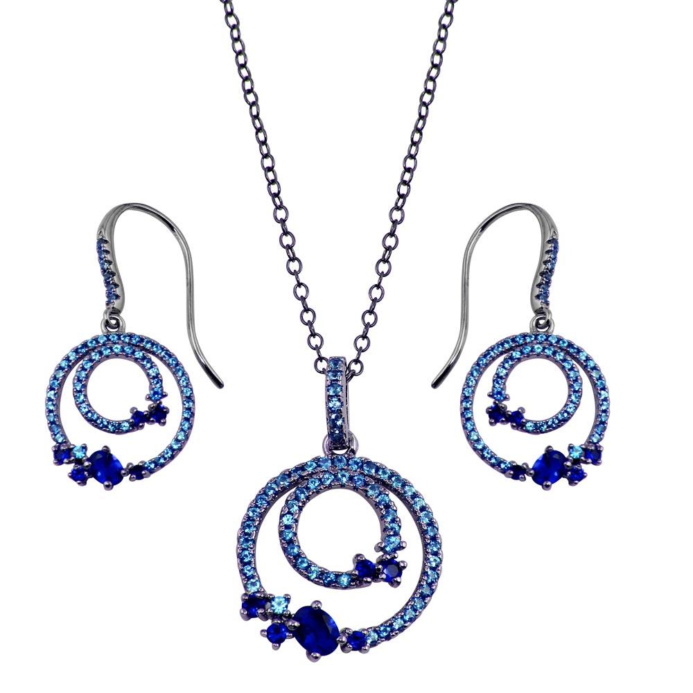 Rhodium Plated 925 Sterling Silver Double Circle Earrings and Necklace Set with Blue CZ - BGS00565BLU