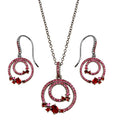 Rhodium Plated 925 Sterling Silver Double Circle Earrings and Necklace Set with Red CZ - BGS00565RED