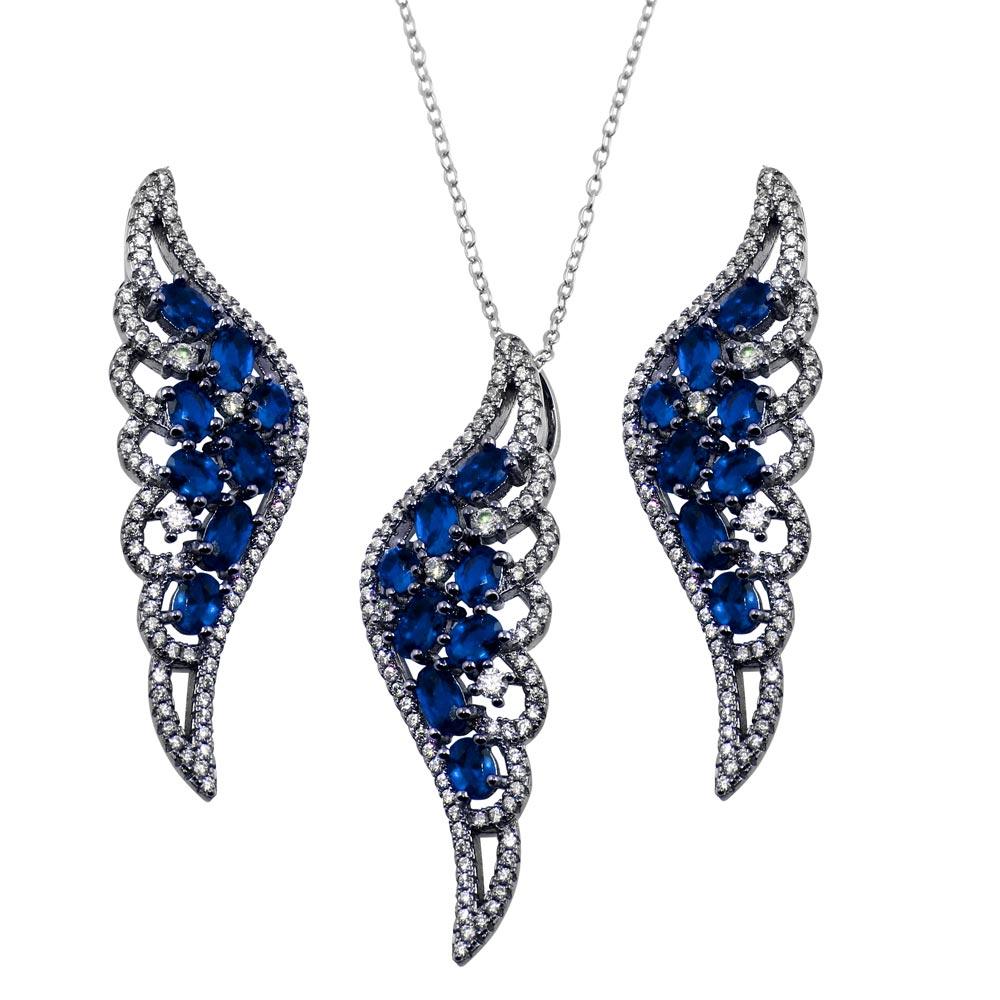 Black Rhodium Plated 925 Sterling Silver Wing Pendant and Earrings Set with Blue CZ - BGS00566BLU