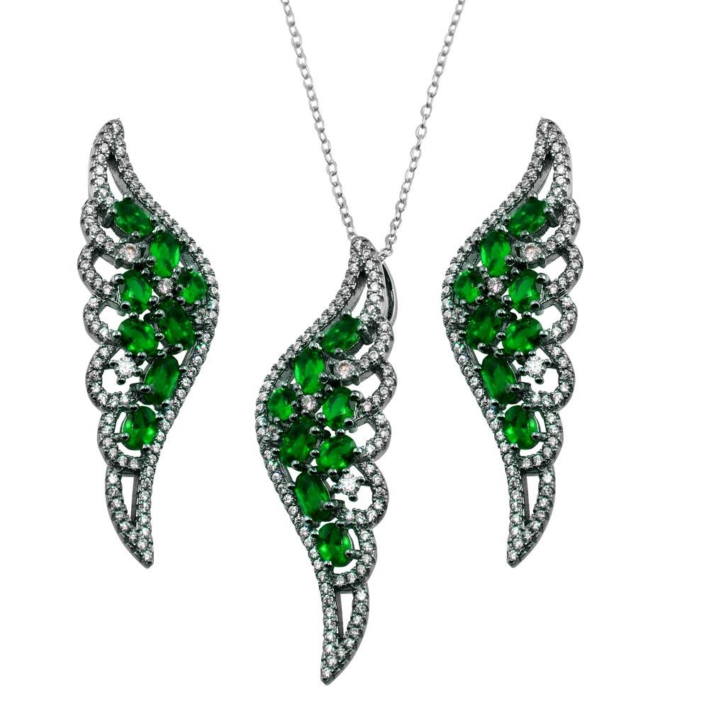 Black Rhodium Plated 925 Sterling Silver Wing Pendant and Earrings Set with Green CZ - BGS00566GRN